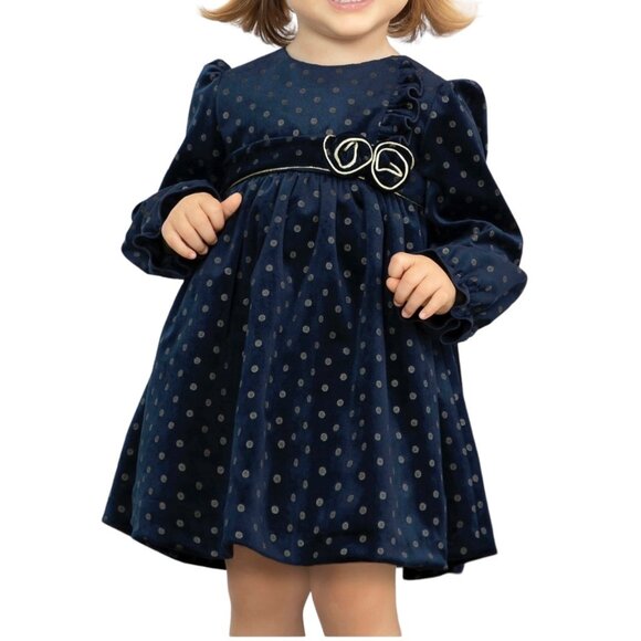 Abel & Lula Velvet Polka Dot Dress 12m 80cm Navy Blue Long Sleeve Belted Ruffle - Picture 1 of 14